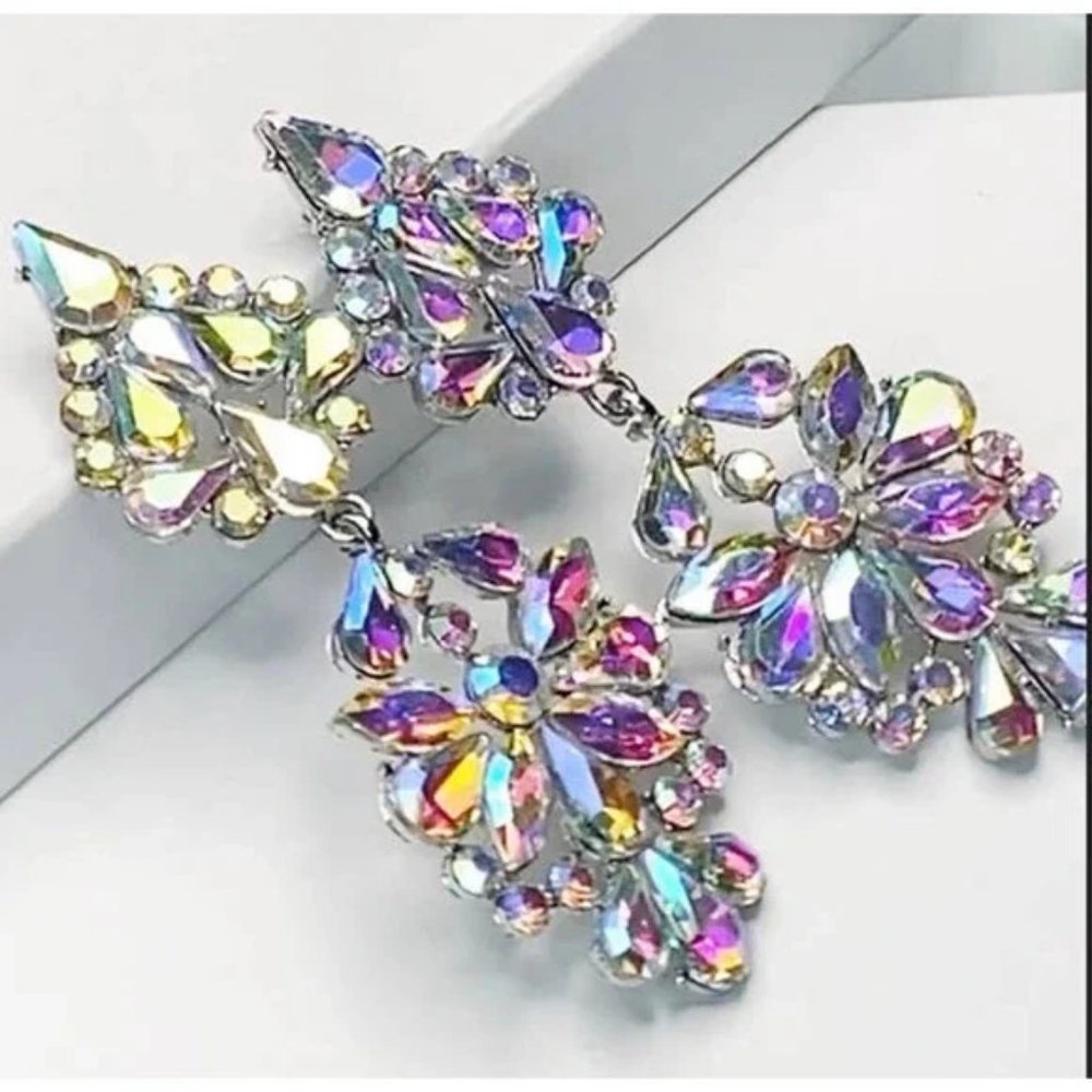 AB Crystal Bridal Pageant Formal Chandelier Earrings Bridal Prom Pageant - Picture 7 of 9